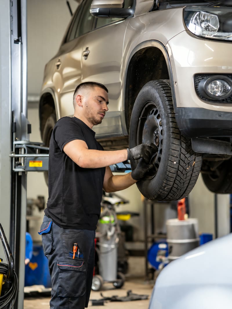 Mechaniker montiert ein Rad an einem SUV auf der Hebebühne